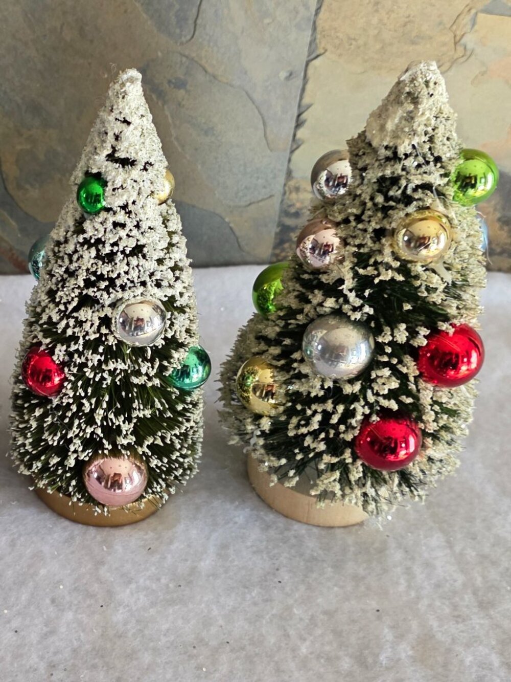 Set of 4 Vintage Bottle Brush Christmas Trees with Real Glass Ornaments